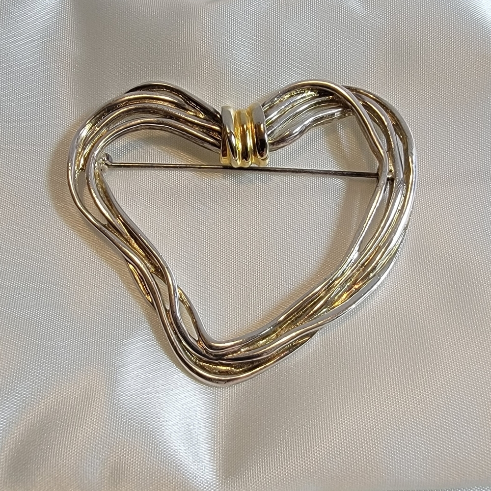 Vintage Premier Designs Heart Brooch Pin Silver Gold Tone Strings of Love Wire